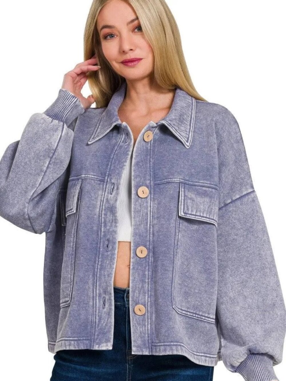 NWT MARLIN Zenana Acid-Wash Cropped Fleece Shacket